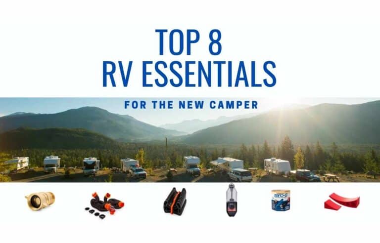 RVs lined up at a campground with images of essential RV equipment