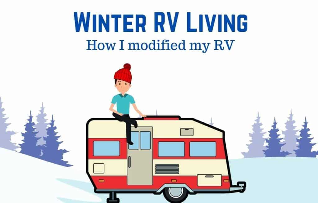 cartoon character of guy sitting on to of an RV in the winter