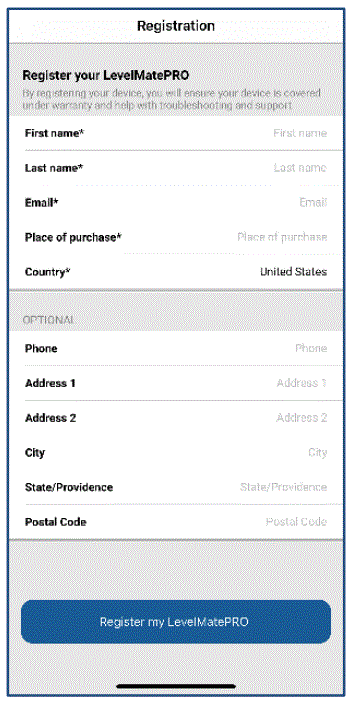 Levelmate Pro Phone app user interface- registration screen