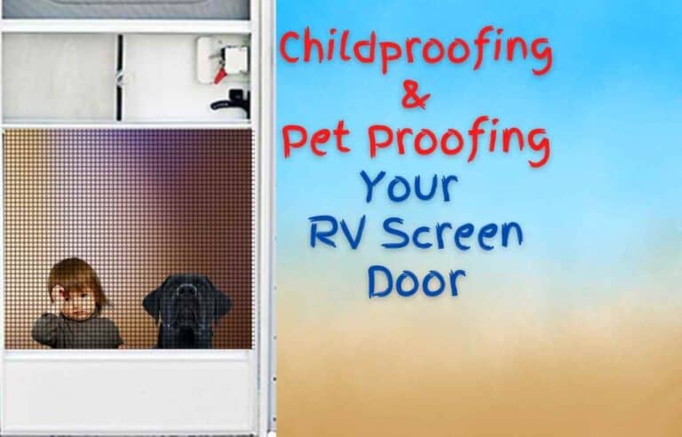 Dog and young girl sitting inside the screen door of an RV