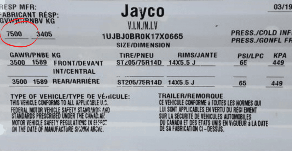 Example of a RV weight information tag