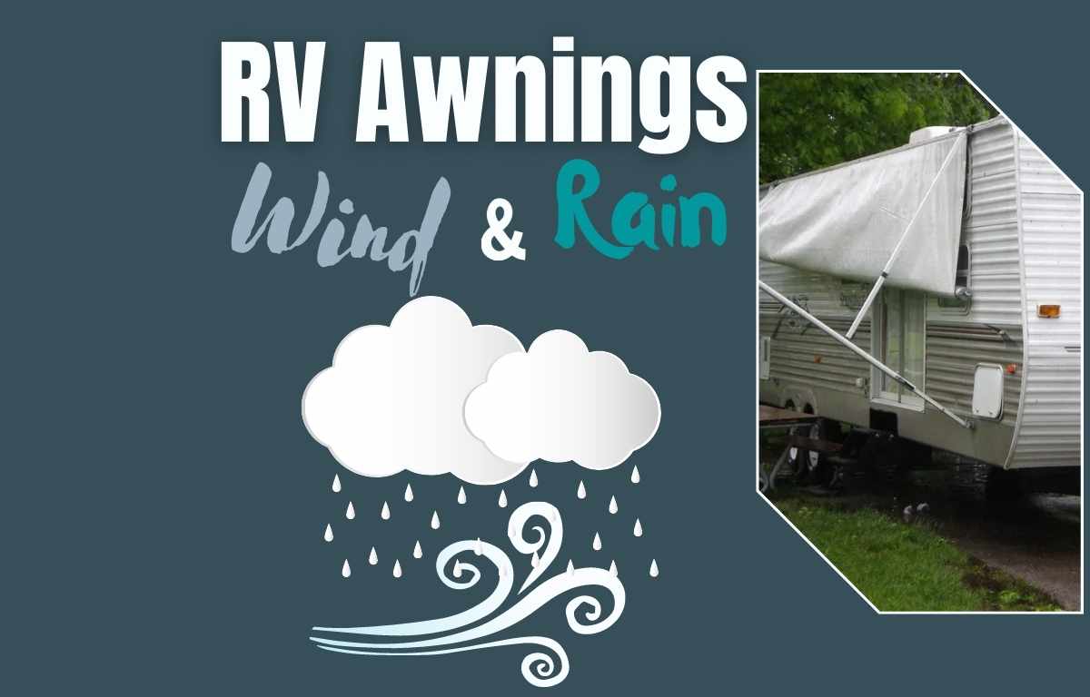 Graphic of wind and rain next to an RV awning