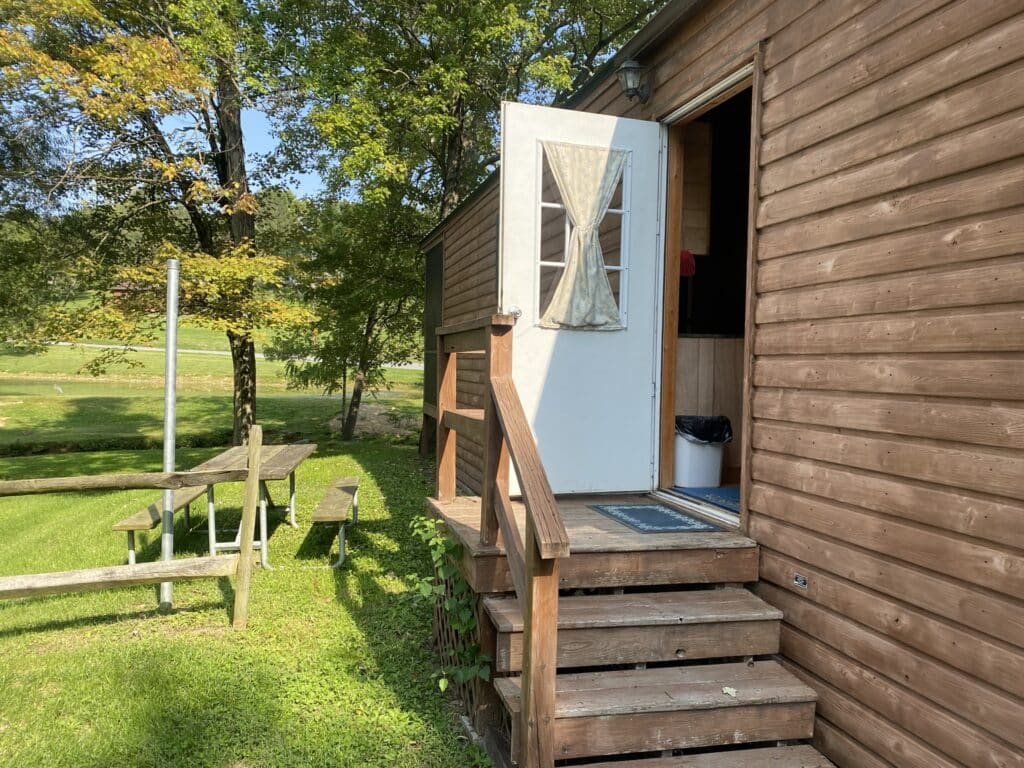 Entrance door of deluxe cottage at Robin Hill Campground