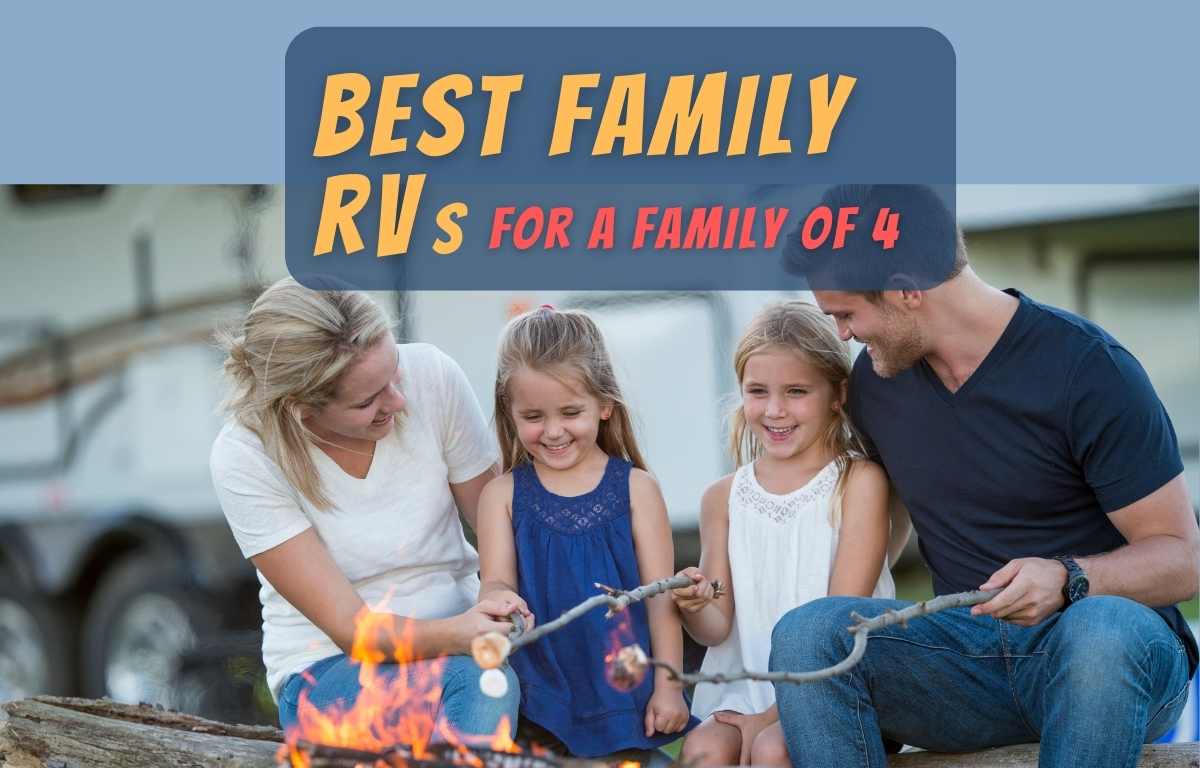 family of 4 sitting by the campfire near an RV