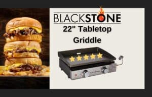 Blackstone griddle next to a very large cheeseburger