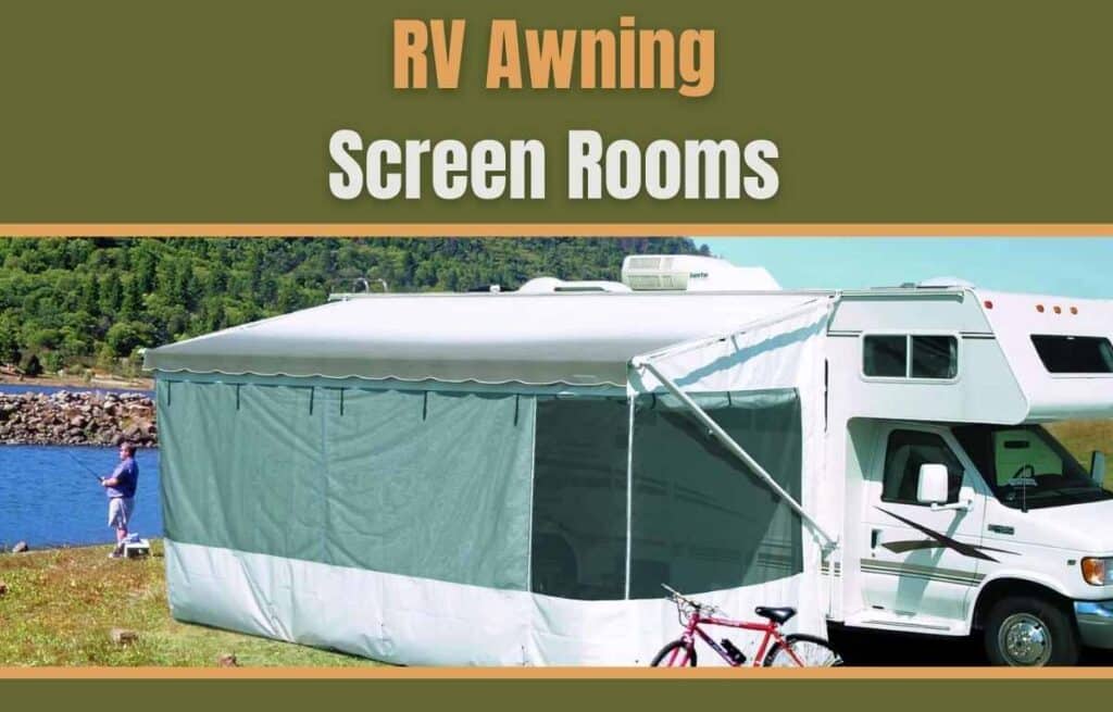 RV awning screen room attached to a travel trailer 