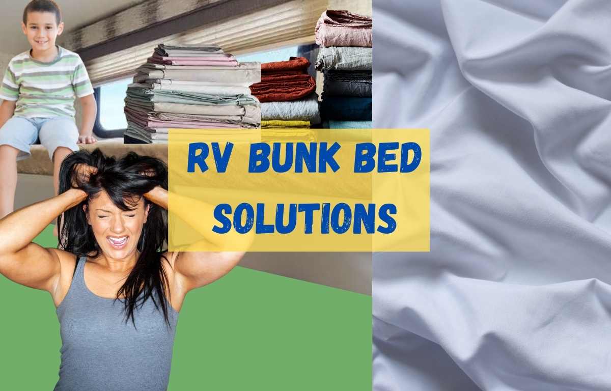 woman looking frustrated next to an RV bunk bed