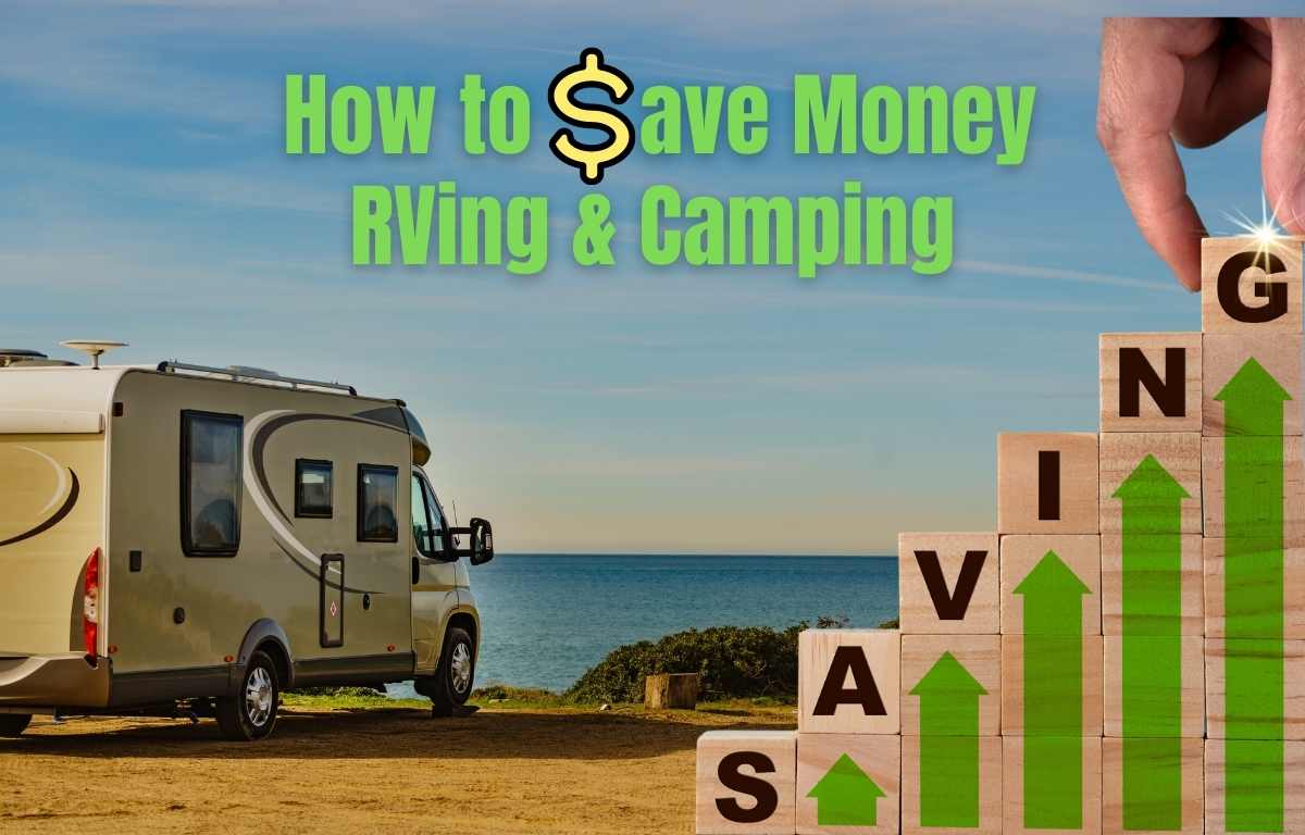 RV parked near the ocean with a money saving graphic next to it