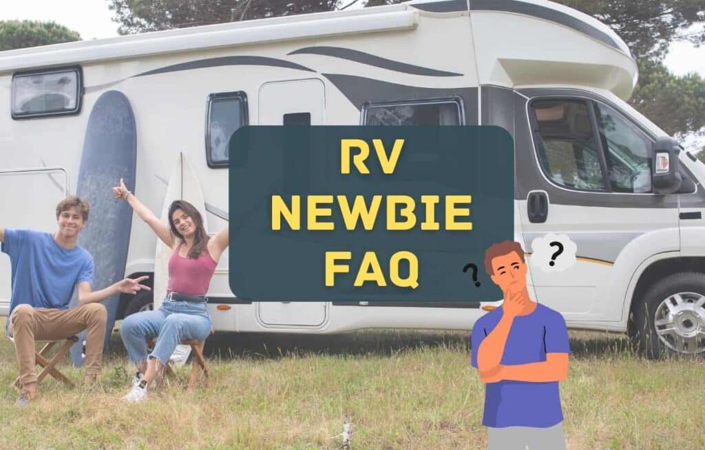 Man and woman looking perplexed outside of an RV