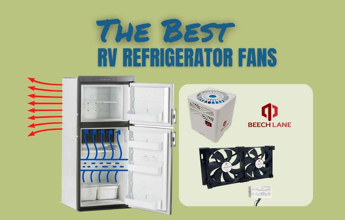 RV refrigerator fan next to an RV refrigerator