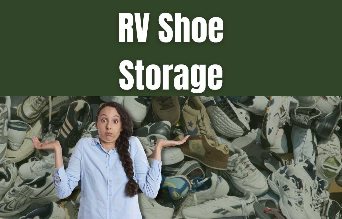 woman standing next to a pile of shoes