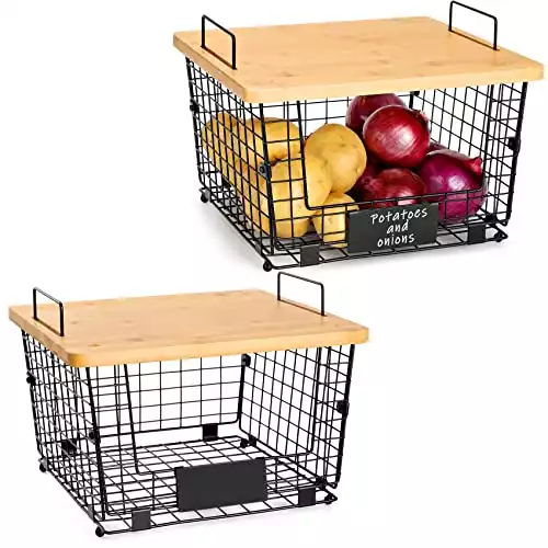 2 Set Kitchen Counter Basket with Bamboo Top