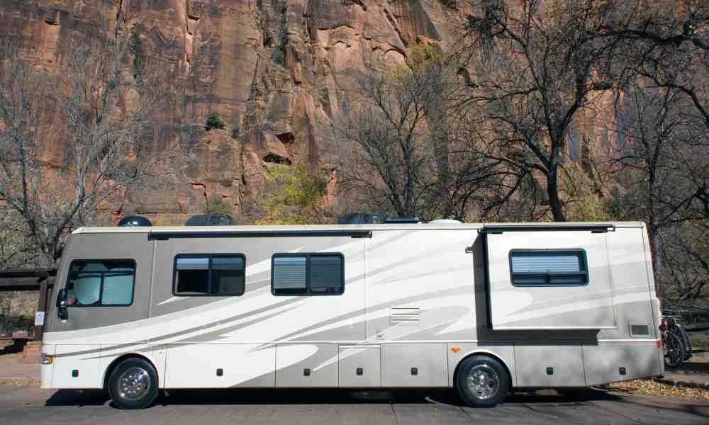 Class A RV with mountains in the background