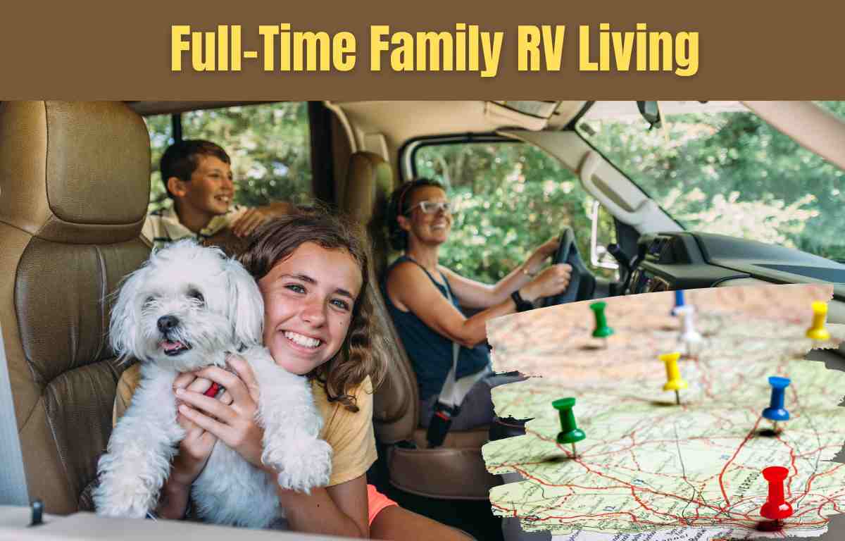 Family traveling in an RV with girld holding pet dog