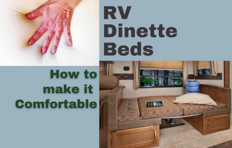 RV dinette converted into a bed with a memory foam handprint image on the left