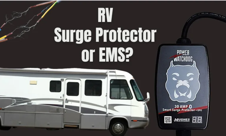 Image of RV next to a display of RV SUrge Protector