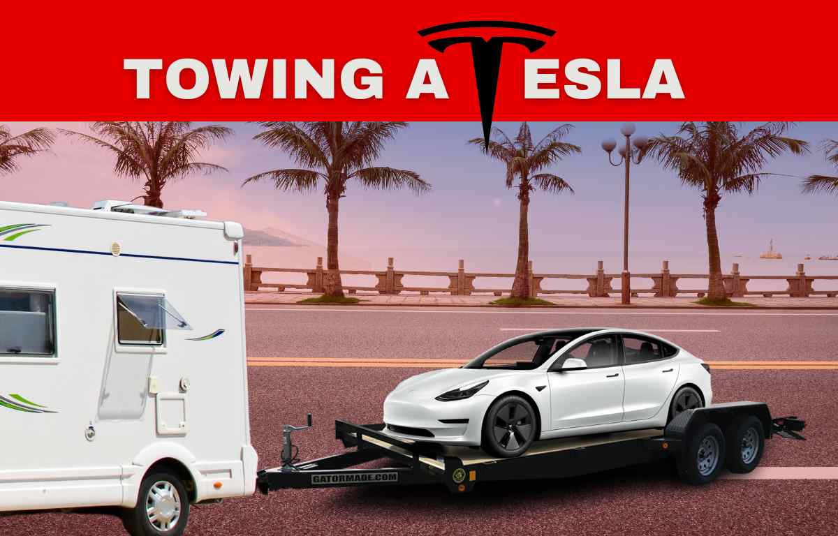 Class C RV Towing a Tesla