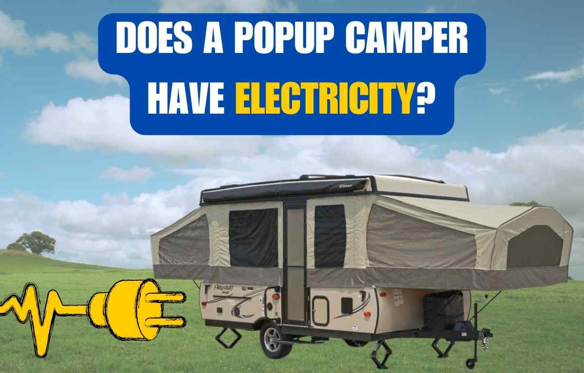 popup camper in field with graphic of electrical plug