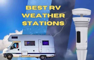 RV and Weather Station over background of different weather conditions
