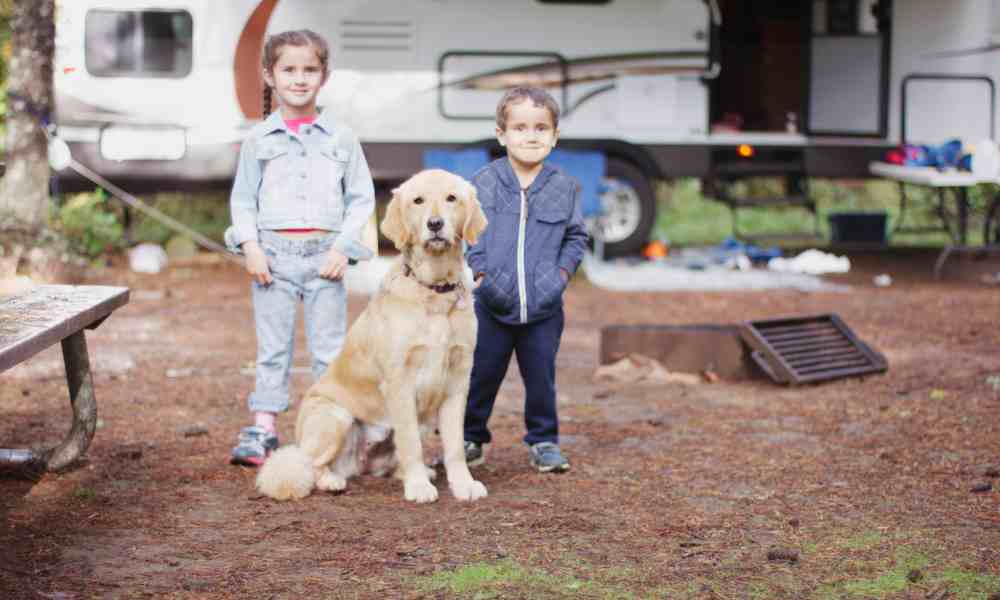 Kids and a dog standing outside RV
