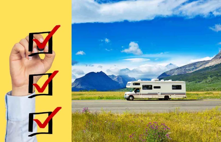 RV on road in spring with checklist icon signifying steps to de-winterize RV