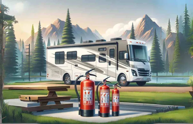 Graphic of Class A RV with Fire Extinguishers sitting in the foreground